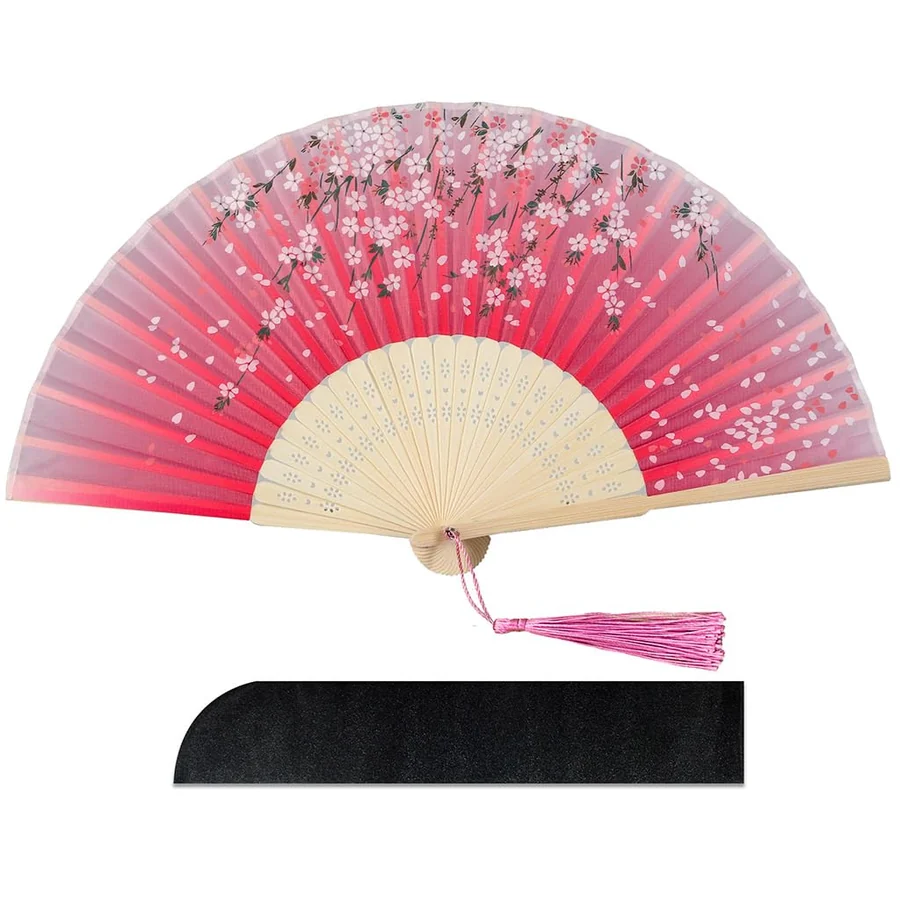 Pink blossom folding fan with pale ribs, tassel and a black sleeve