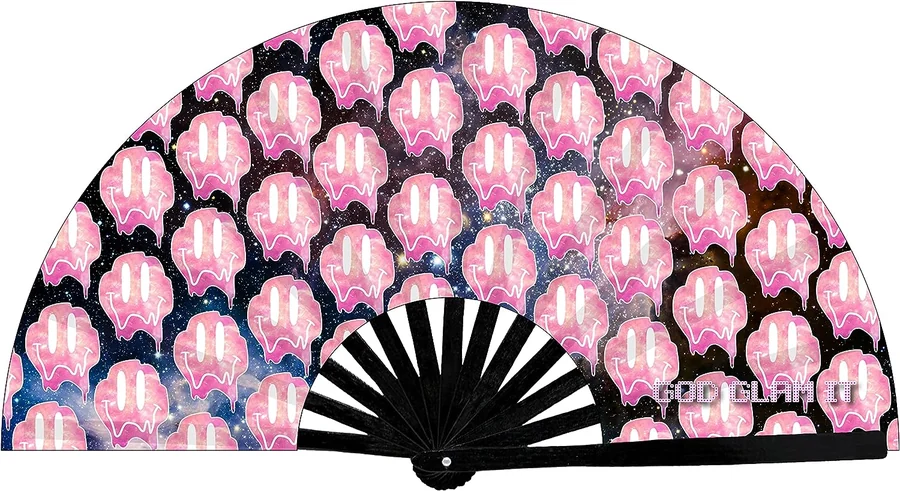 Black folding fan with repeating pink dripping smiley faces