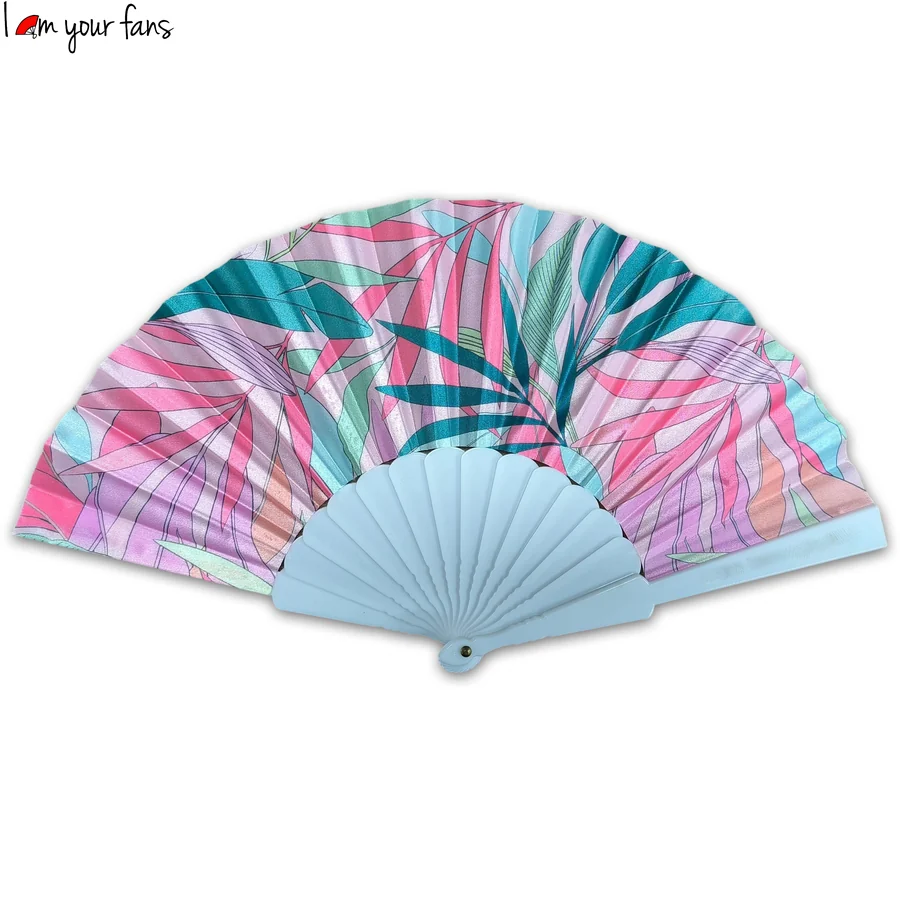 Pink and green tropical leaf folding fan with a pale blue frame
