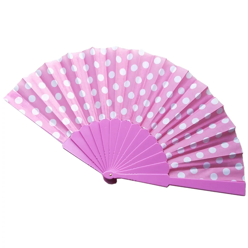 Pink folding fan with white polka dots and a matching pink frame