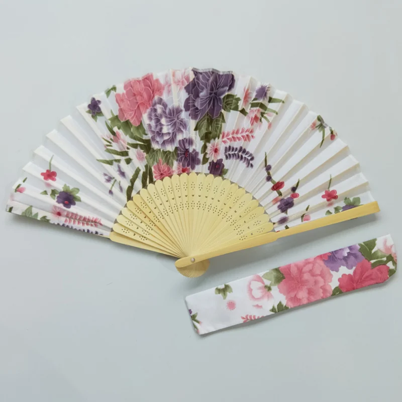 Light folding fan with purple flowers and a matching floral sleeve