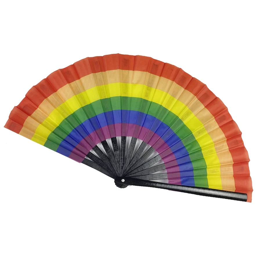 Open rainbow arc folding fan with a black frame