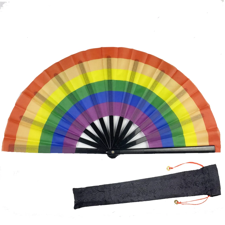 Rainbow arc folding fan displayed with a dark drawstring sleeve