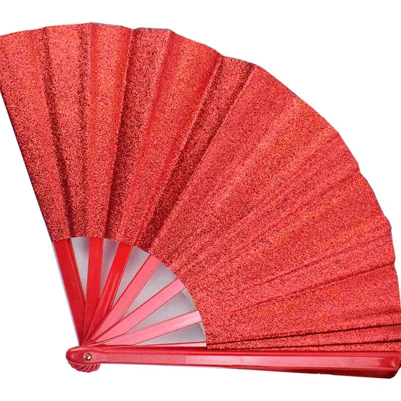 Close view of a red shimmer folding fan with matching red ribs