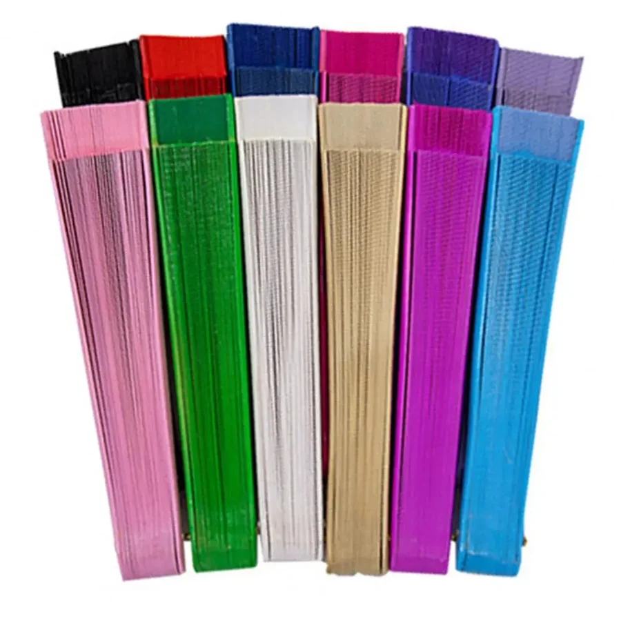 Closed folding fans arranged in a range of solid colors