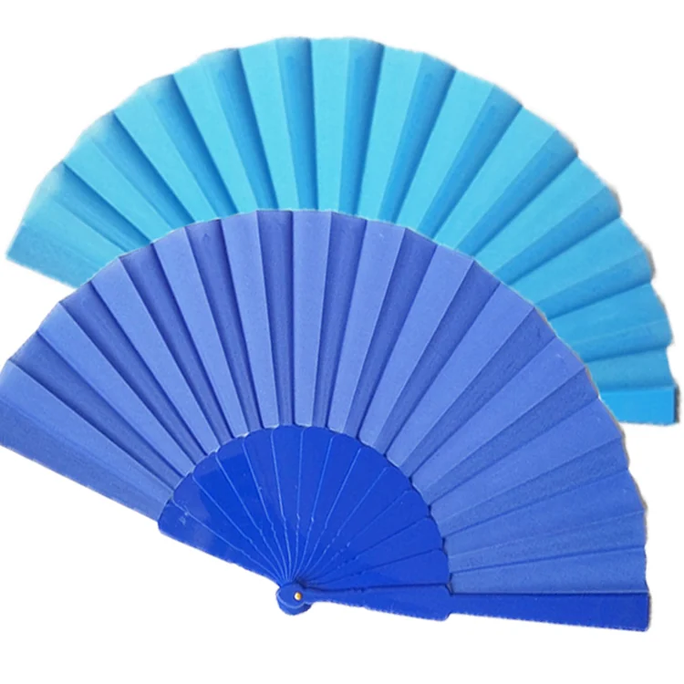 Two plain folding fans in light blue and deep blue