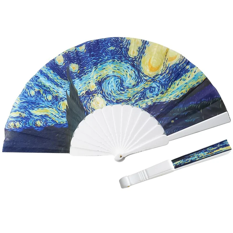 Blue and yellow starry night art on an open folding fan with a white frame