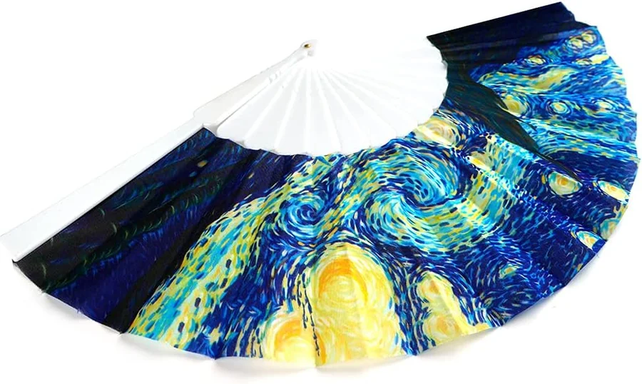 Angled close view of the blue art print across the white framed fan