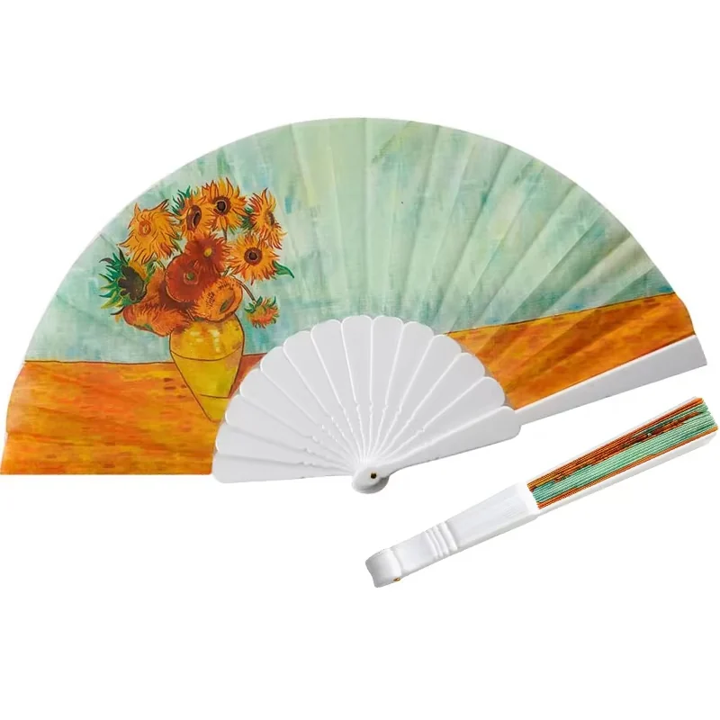 Sunflower art folding fan with a pale green background and white frame
