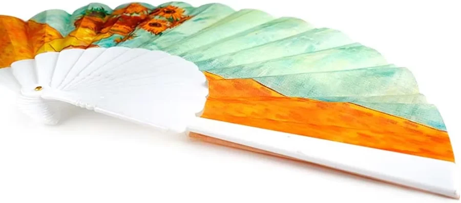 Low angle view showing the sunflower print and pleated fan surface