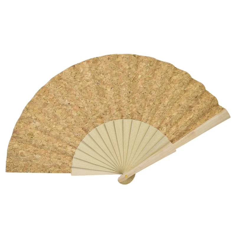 Tan textured folding fan with pale ribs against a white background