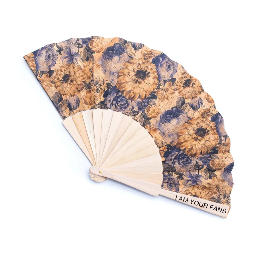 Folding fan with warm floral artwork and pale ribs