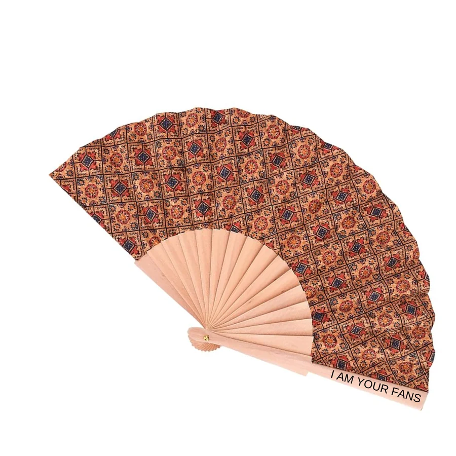 Folding fan with a dense red and brown ornamental pattern
