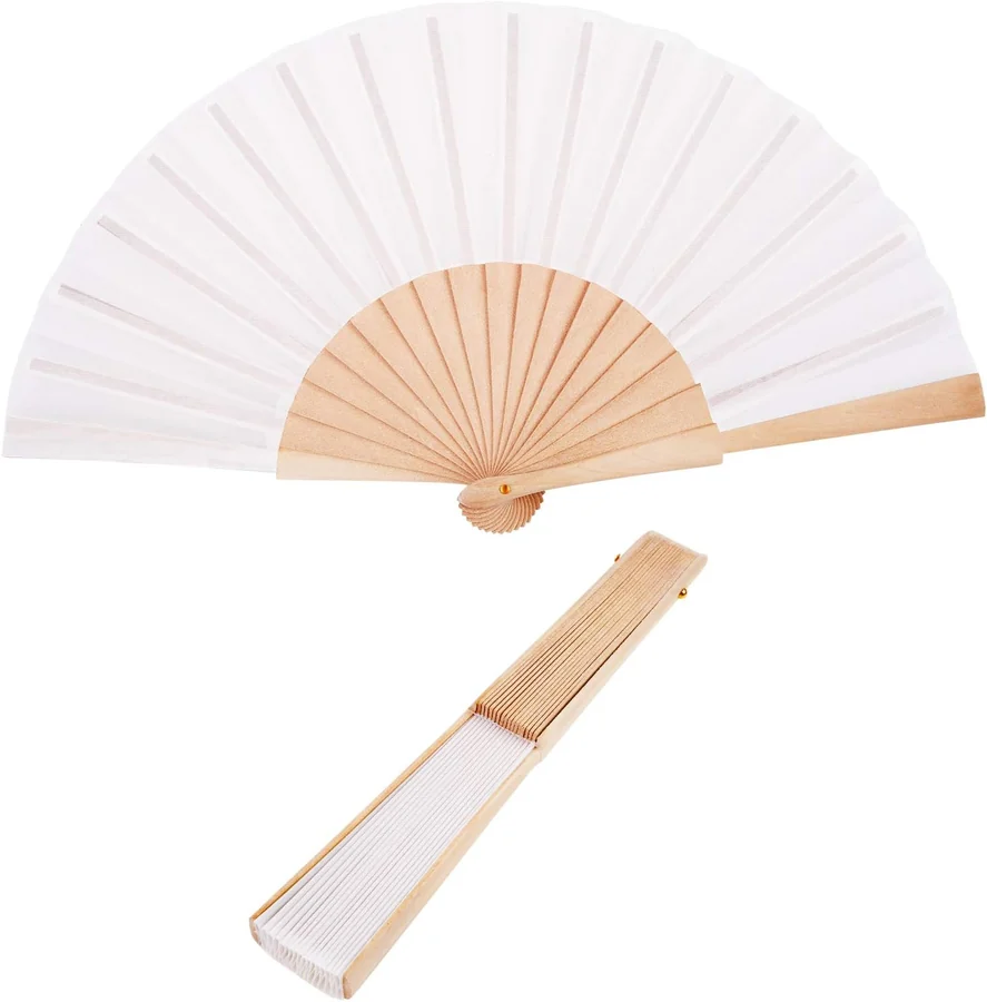 White blank folding fan with pale ribs shown open and closed