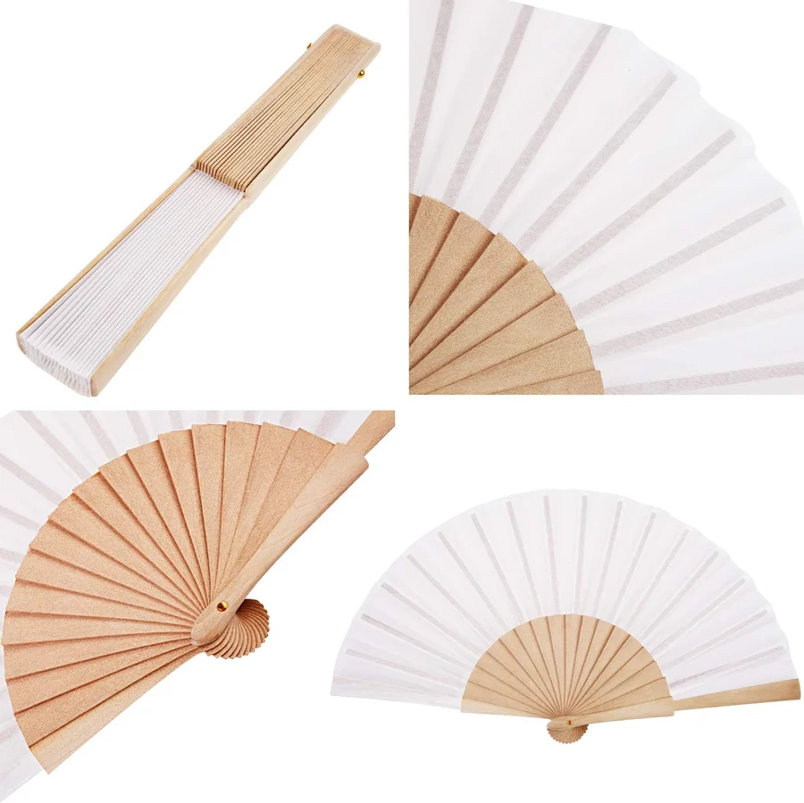Detail views of a white folding fan showing the leaf, ribs and folded shape