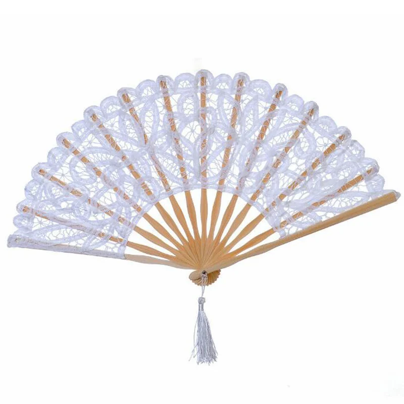 White lace wedding fan with pale ribs and a white tassel