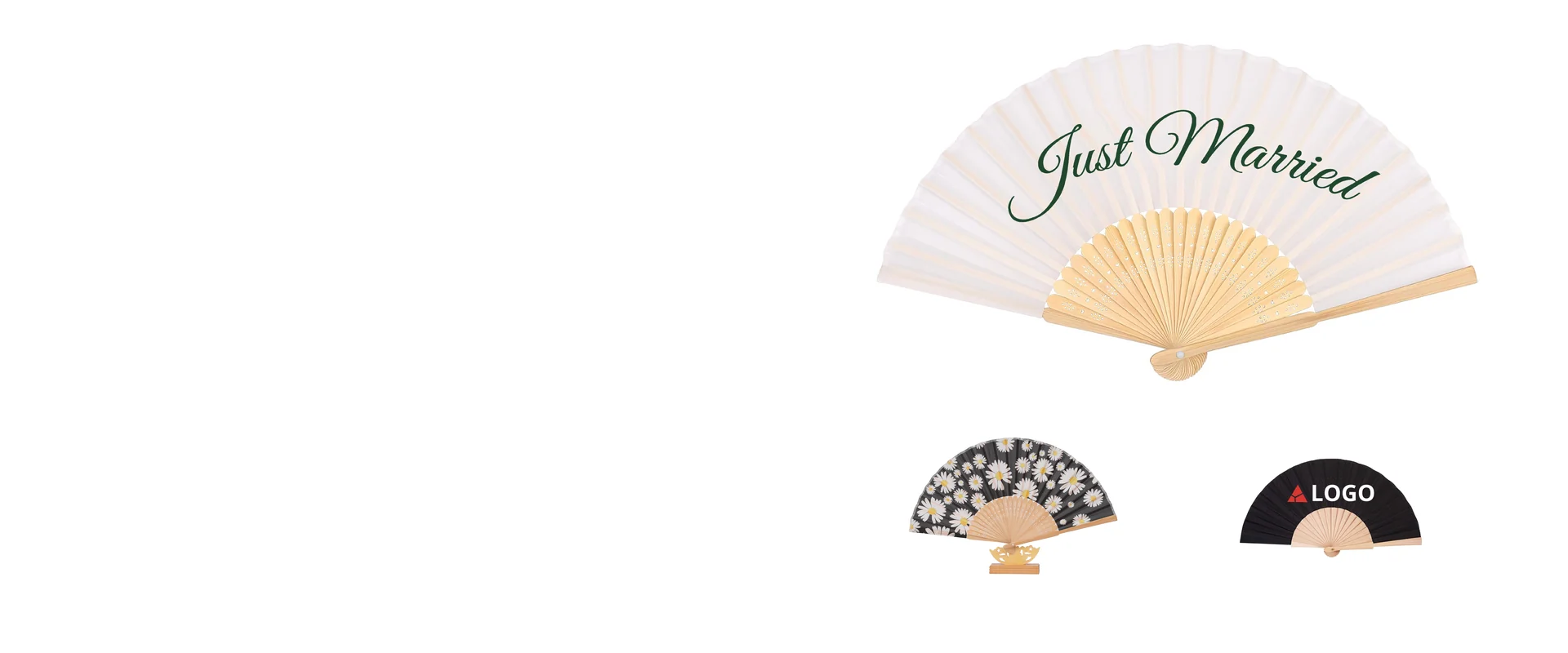 White folding fan with green Just Married lettering.
