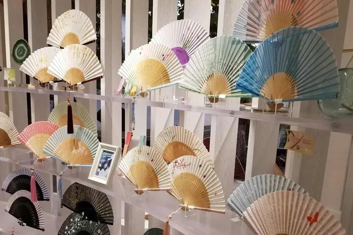 Folding fans in pastel colors and floral patterns displayed on shelves.