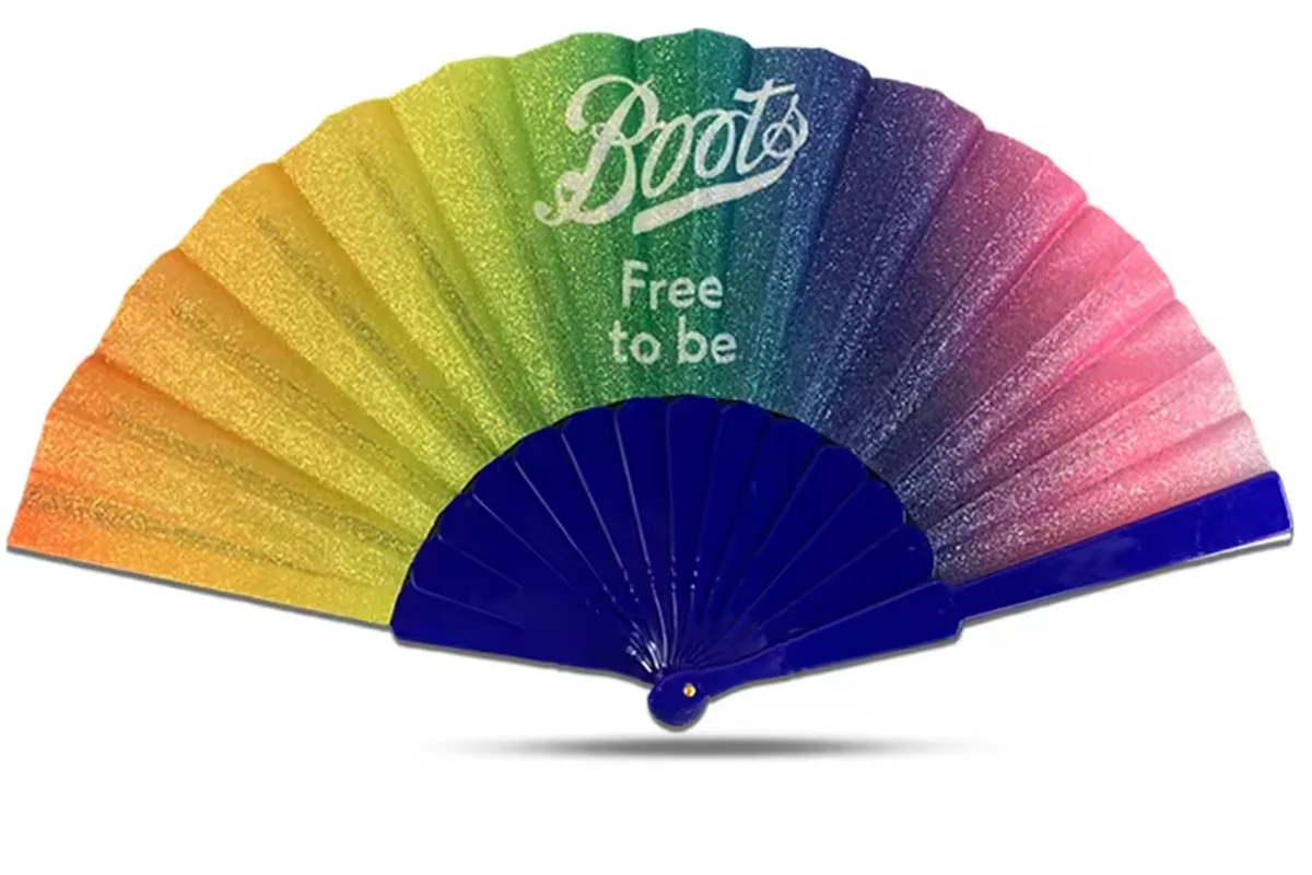 Rainbow folding fan with blue ribs and white lettering.